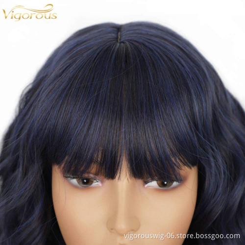 Short Bob Wavy Wigs With Bangs Mixed Navy Blue Curly Wigs For Women Natural Looking Synthetic Heat Resistant Fiber Wig For Daily